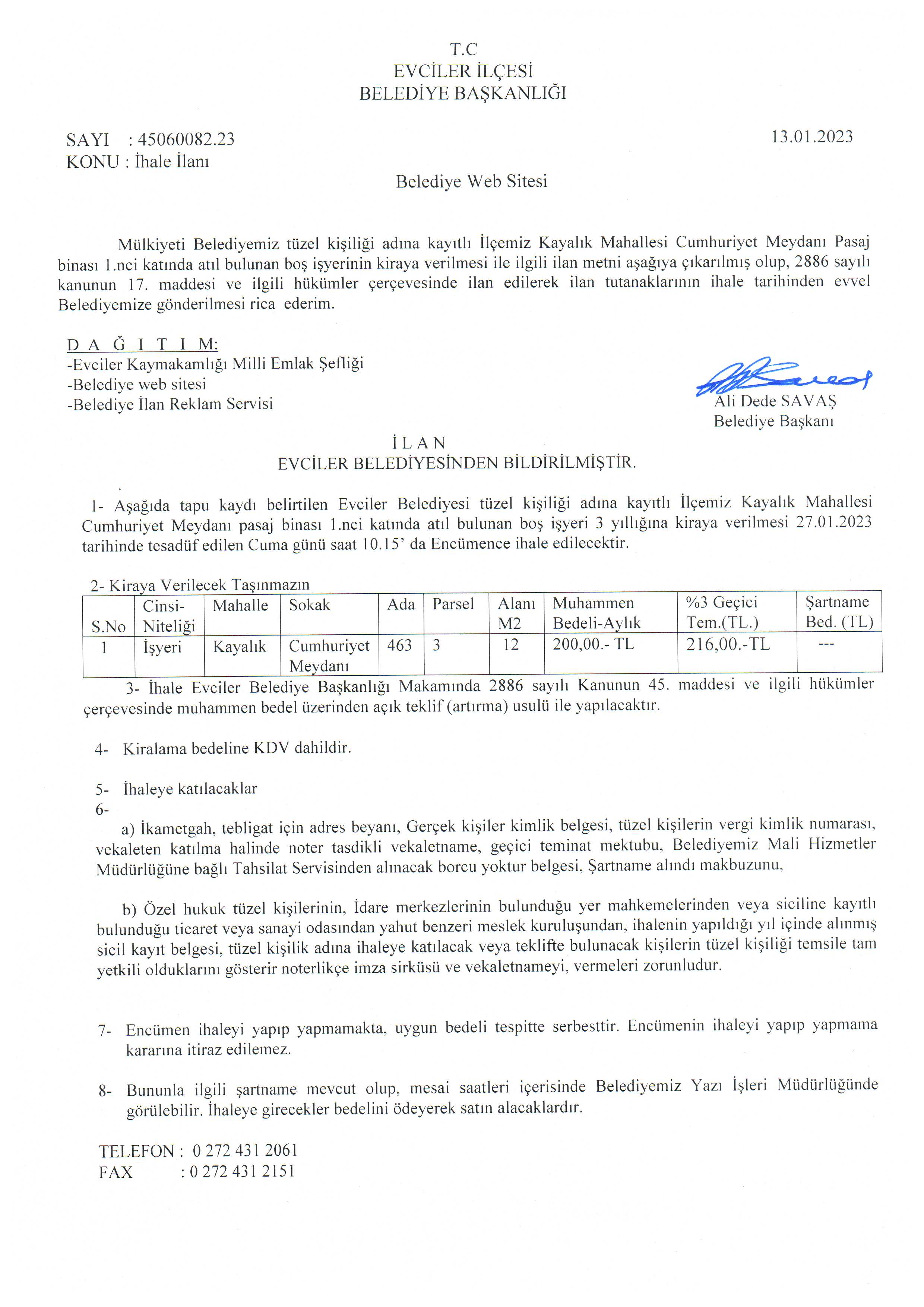 13.01.2023 tarihli ihale ilanı (1 adet işyeri)