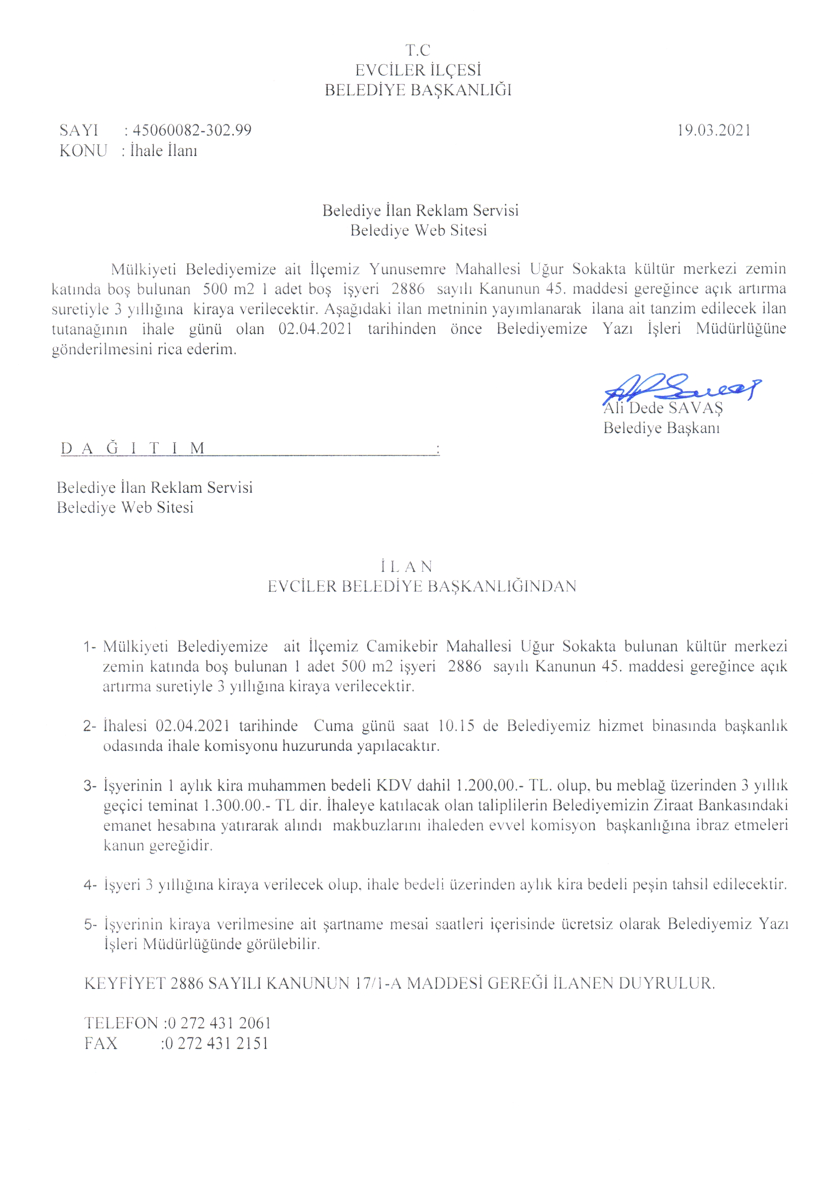 19.03.2021 tarihli ihale ilanı (1 adet iş yeri)